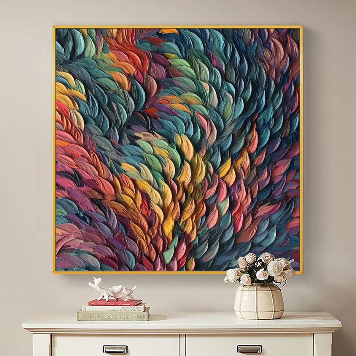 Chroma Whirl: Textured Impasto Oil Painting Canvas Wall Art Decor in Vibrant Multicolor