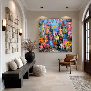CITY OF LOVE: Vibrant Textured Abstract Cityscape 'Love' Painting