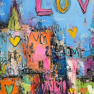 CITY OF LOVE: Vibrant Textured Abstract Cityscape 'Love' Painting