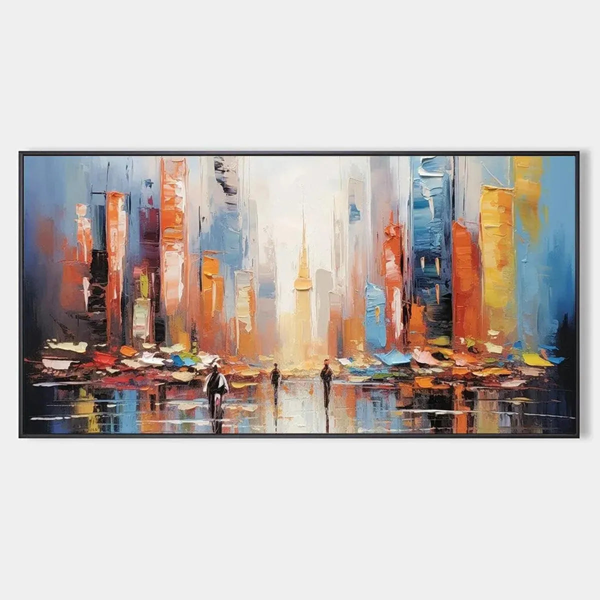 Original handmade oil painting: City Market colorful abstract cityscape with reflections in black frame.
