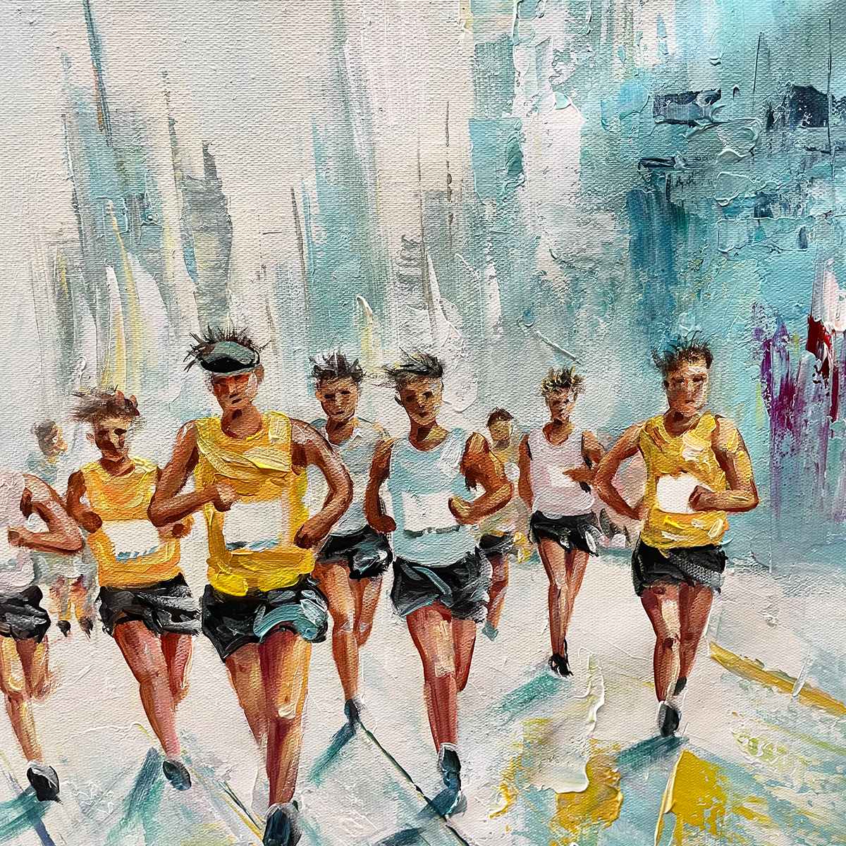 CITY STRIDE: Textured Urban Marathon Scene Oil Painting
