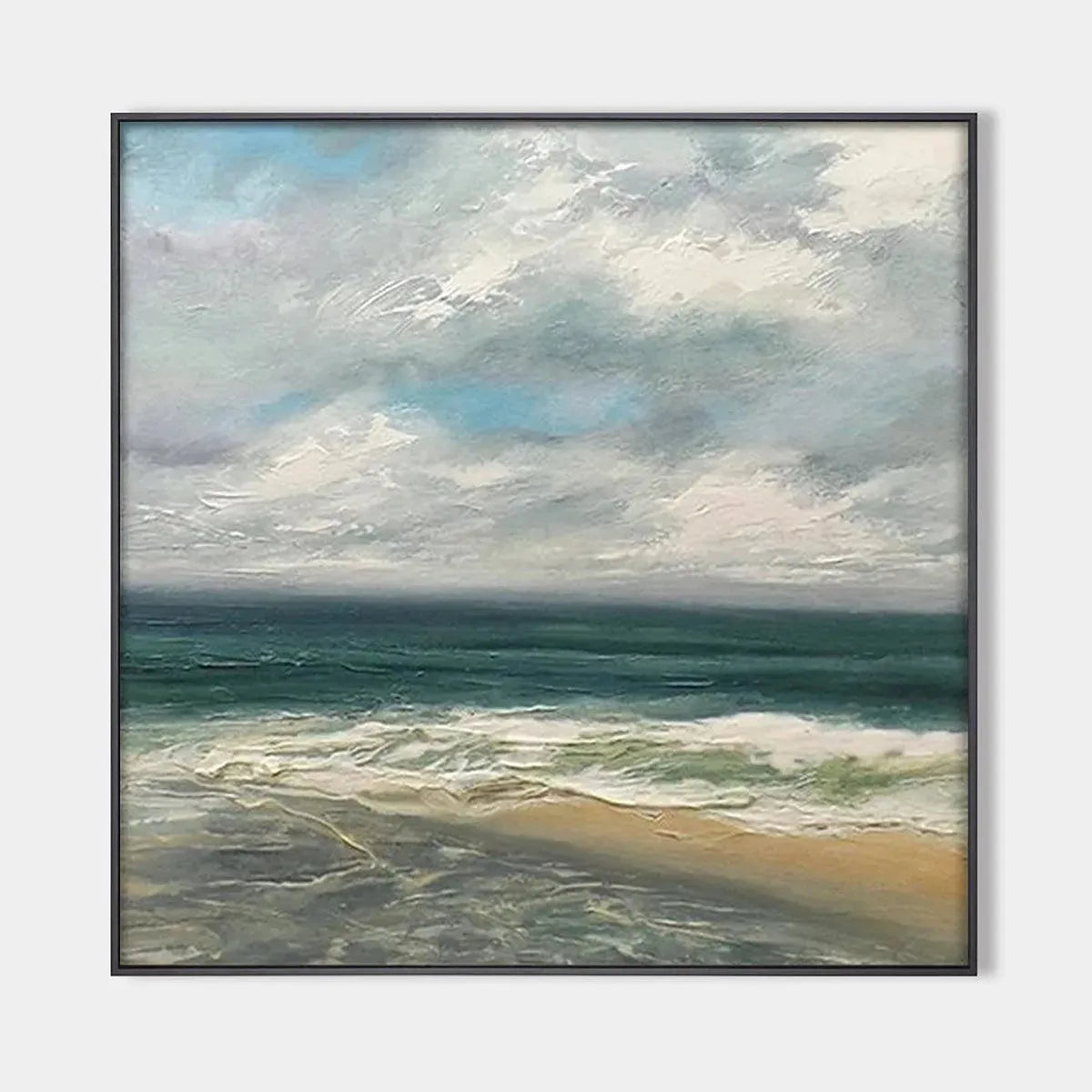 Square cloudy coastal painting by Liam O'Connell, textured waves & serene ocean, coastal wall art.