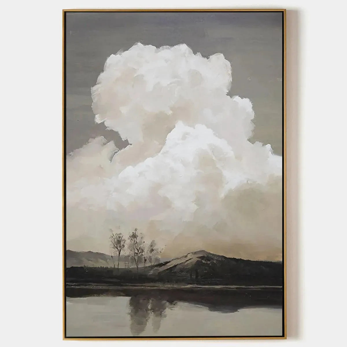 Cloudy Landscape by Liam O'Connell: Vertical landscape art with clouds, trees, and lake; muted tones and gold frame.