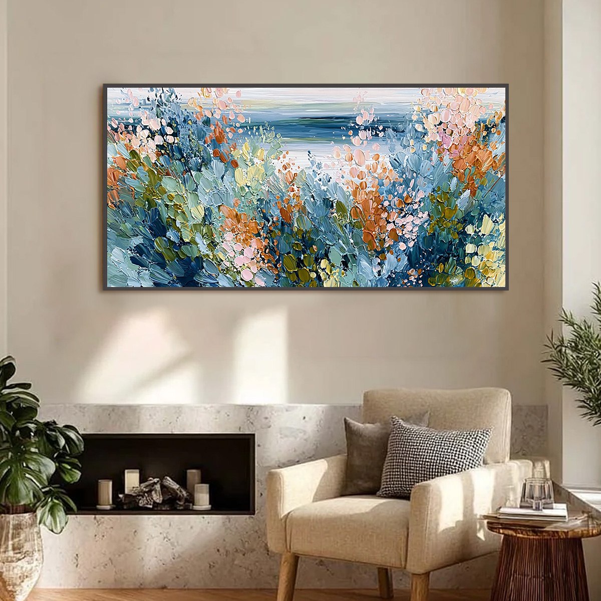 COASTAL BLOOM: Textured Abstract Floral Seascape Oil Painting