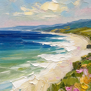 Impasto coastal bloom seascape painting with blue sea, sandy shore, cliffs and wildflowers