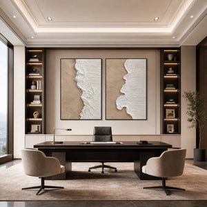 Textured Wabi-Sabi abstract beach diptych wall art in beige and white over a modern office desk