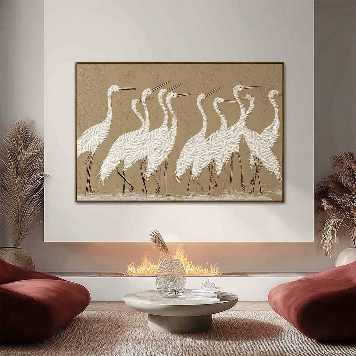 COASTAL CONGREGATION: Textured Wabi Sabi Egret Painting on Neutral Canvas