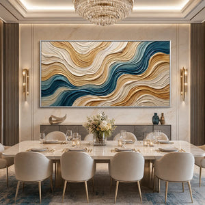 Large textured abstract wall art in teal, gold, and beige above a modern dining table