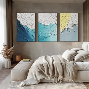 Coastal Drift: Textured abstract ocean wave original paintings triptych, impasto wall art.