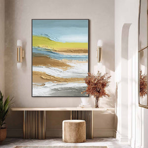 Original textured abstract wall art: Coastal Drift painting with blue, gold, white impasto layers.