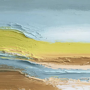 Vertical textured abstract coastal landscape oil painting with thick impasto strokes, blues, yellows, and earthy tones.