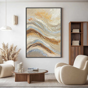 Original textured abstract oil painting 'Coastal Drift', Wabi Sabi style, earthy tones.