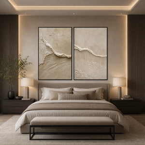 Wabi Sabi inspired textured abstract painting set in beige tones above a modern bed