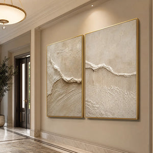 Wabi Sabi inspired textured abstract painting set in beige tones with gold frames
