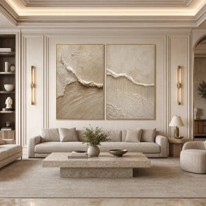 Wabi Sabi textured abstract painting set in beige tones with gold frames above sofa