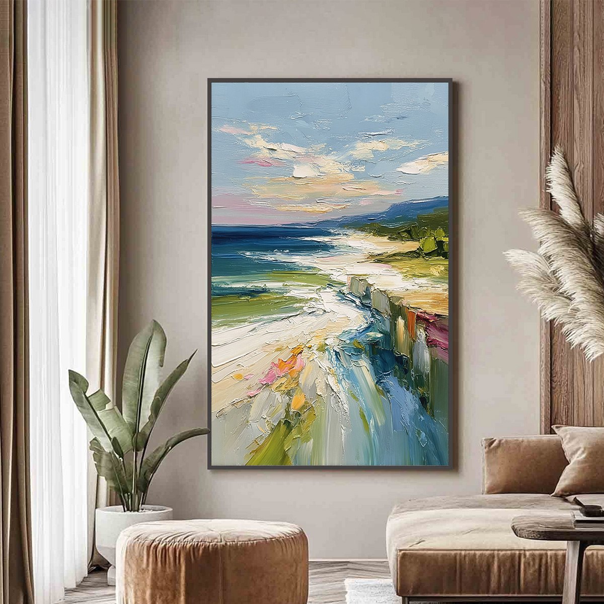 COASTAL EMBRACE: Textured Impasto Seascape Oil Painting for Wall Decor