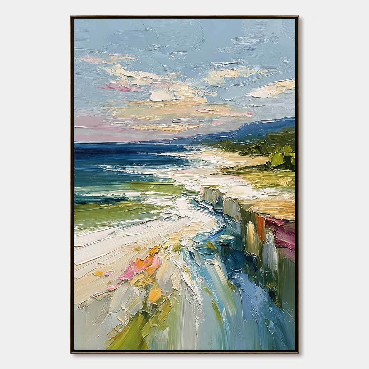 COASTAL EMBRACE: Textured Impasto Seascape Oil Painting for Wall Decor