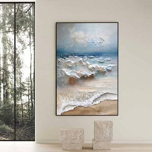 COASTAL EMBRACE: Textured Impasto Seascape Oil Painting