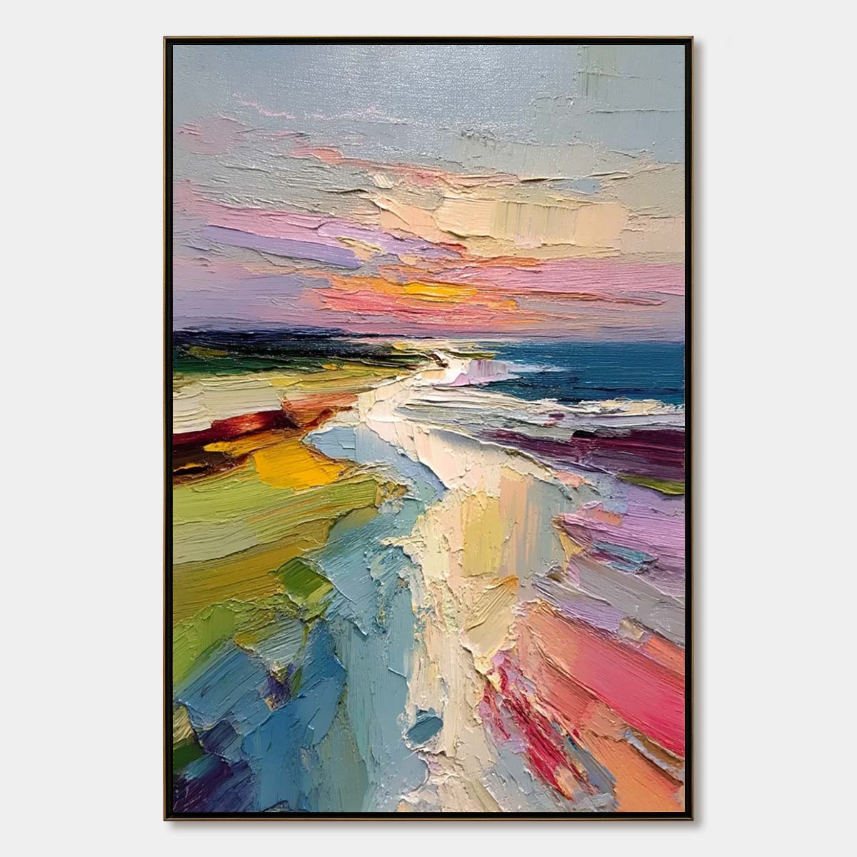 Coastal Embrace | Textured Vertical Seascape Oil Painting – MontCarta