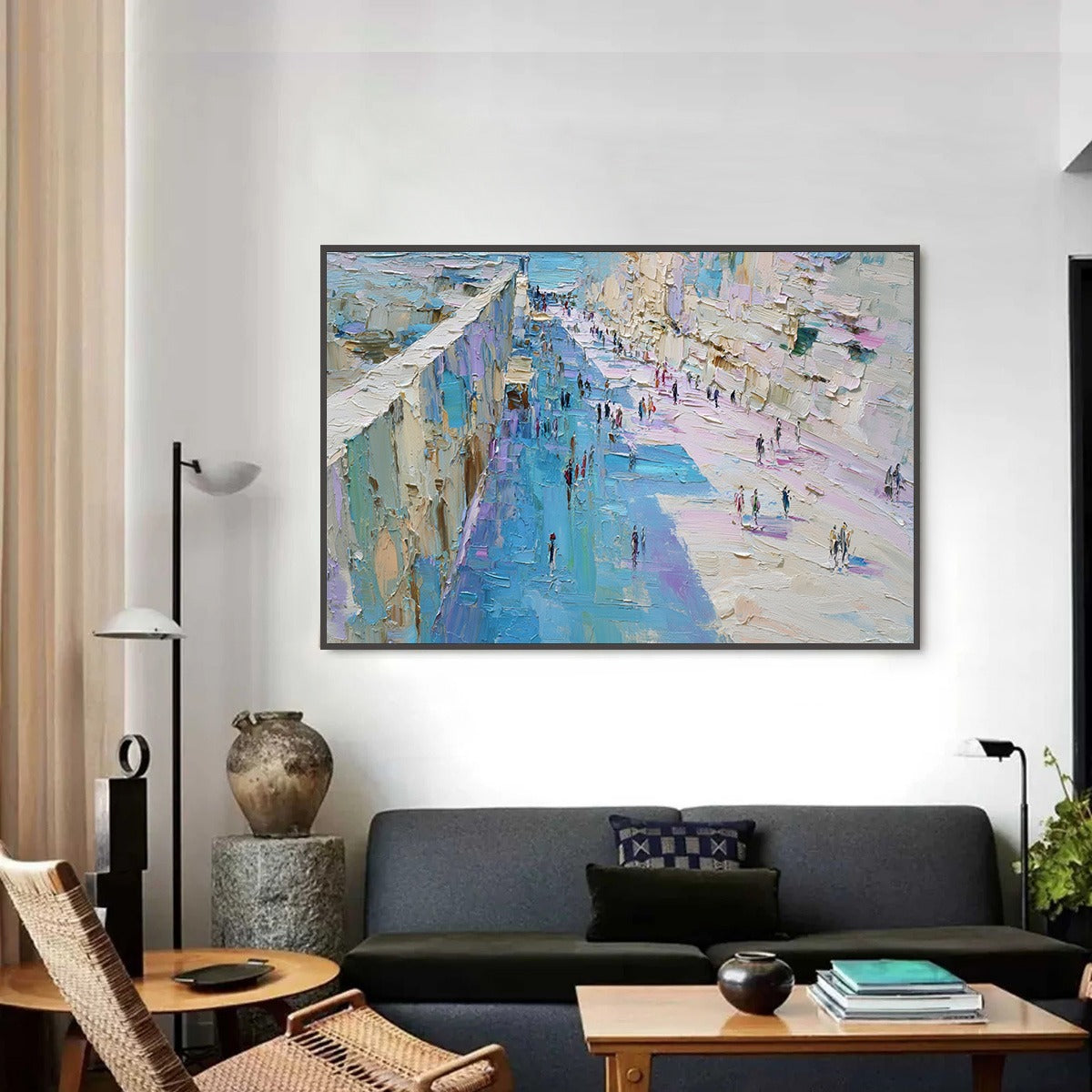 COASTAL PROMENADE: Textured Palette Knife Cityscape Painting of a Seaside Stroll