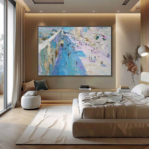 COASTAL PROMENADE: Textured Palette Knife Cityscape Painting of a Seaside Stroll