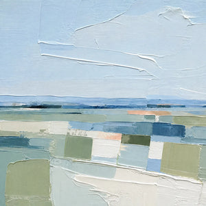 Textured coastal landscape abstract painting in blue, green and white acrylic and oil