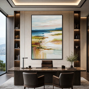 Vertical abstract seascape oil painting with blue sky, shoreline, and textured coastal tones