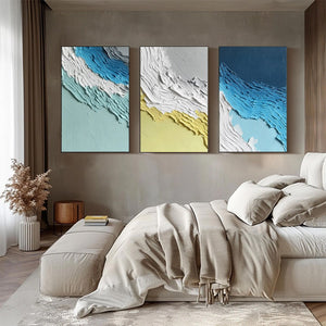 Original textured abstract triptych painting 'Coastal Rhythm', serene seascape art.