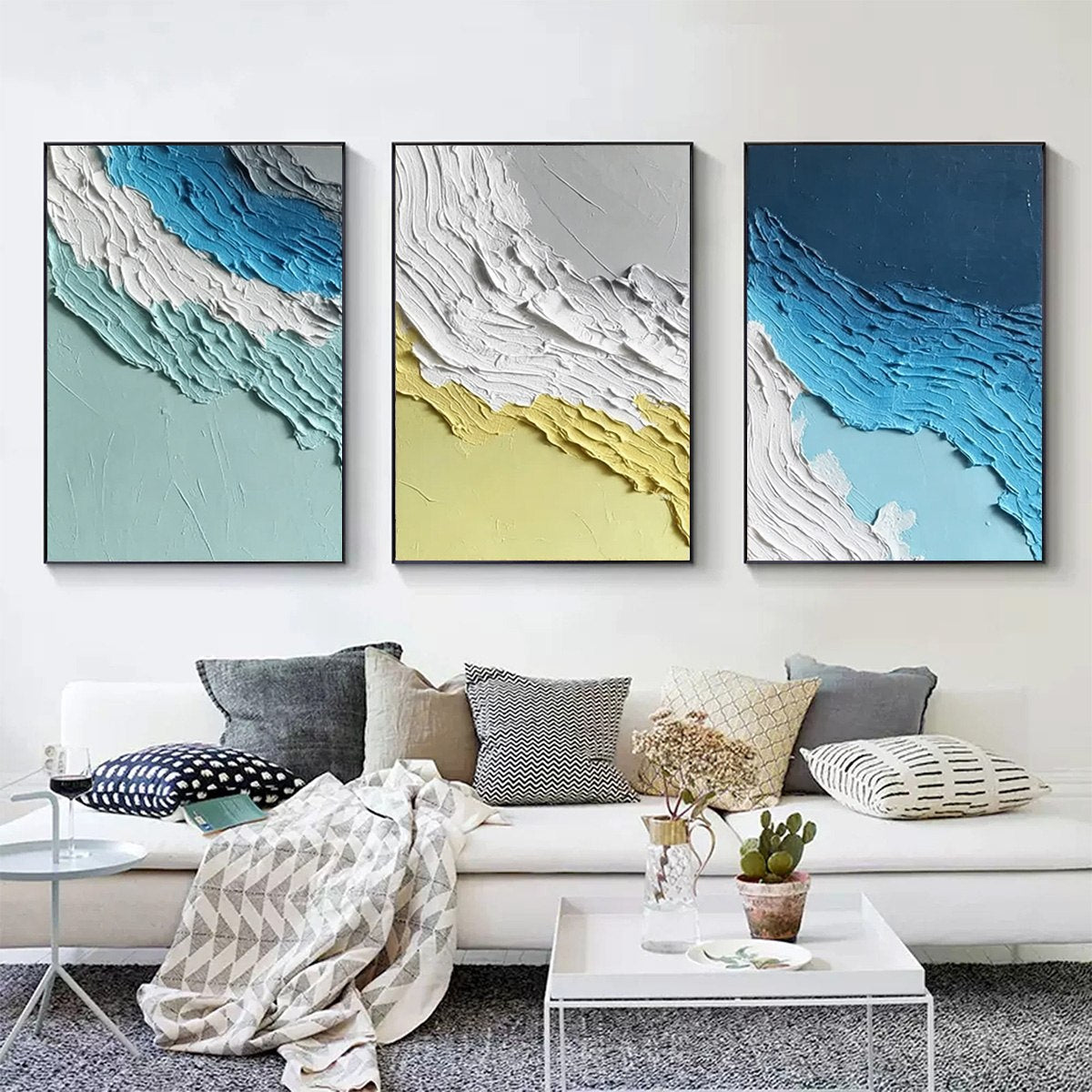 COASTAL RHYTHM: Textured Abstract Triptych of a Serene Seascape