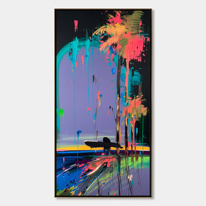 COASTAL RUSH: Vibrant Abstract Surfer and Palm Tree Oil Painting