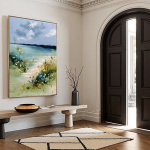 COASTAL SERENITY: Textured Vertical Seascape Painting with Wildflowers