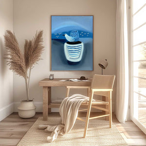 Original textured minimalist seascape oil painting 'Coastal Solitude' with bird.