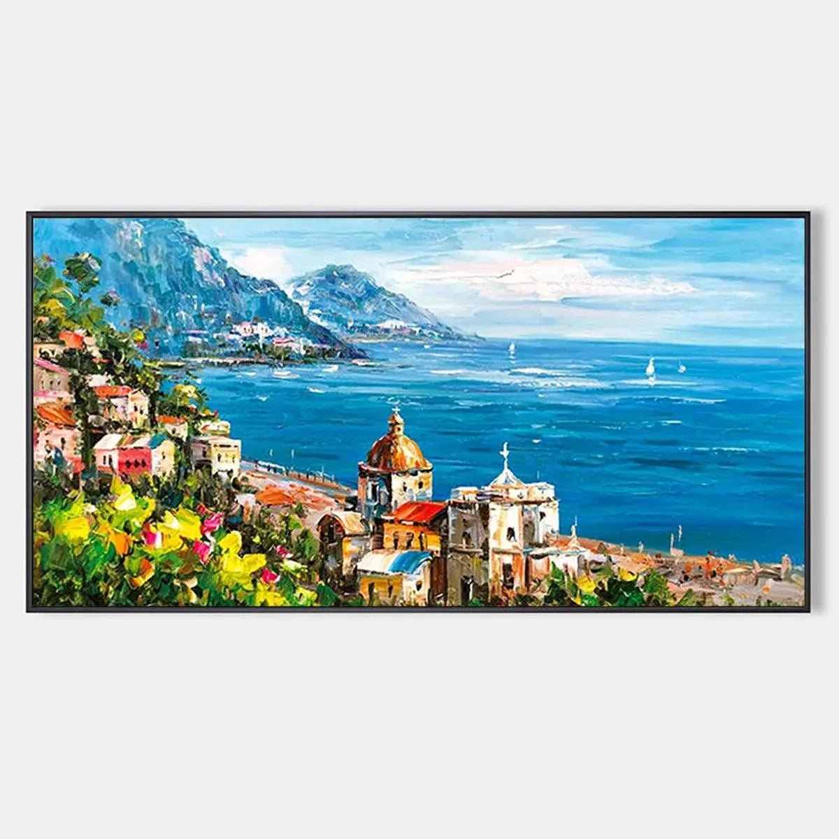 Vibrant impasto oil painting of a Mediterranean town with colorful buildings, blue sea, and mountains under a bright sky.