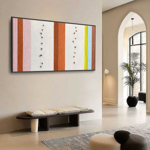 "Color Cadence" original impasto abstract painting with textured terracotta, pink, and citrus stripes.