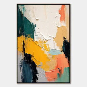 Colorful abstract texture painting with thick oil-like brushstrokes in teal, yellow, coral and white