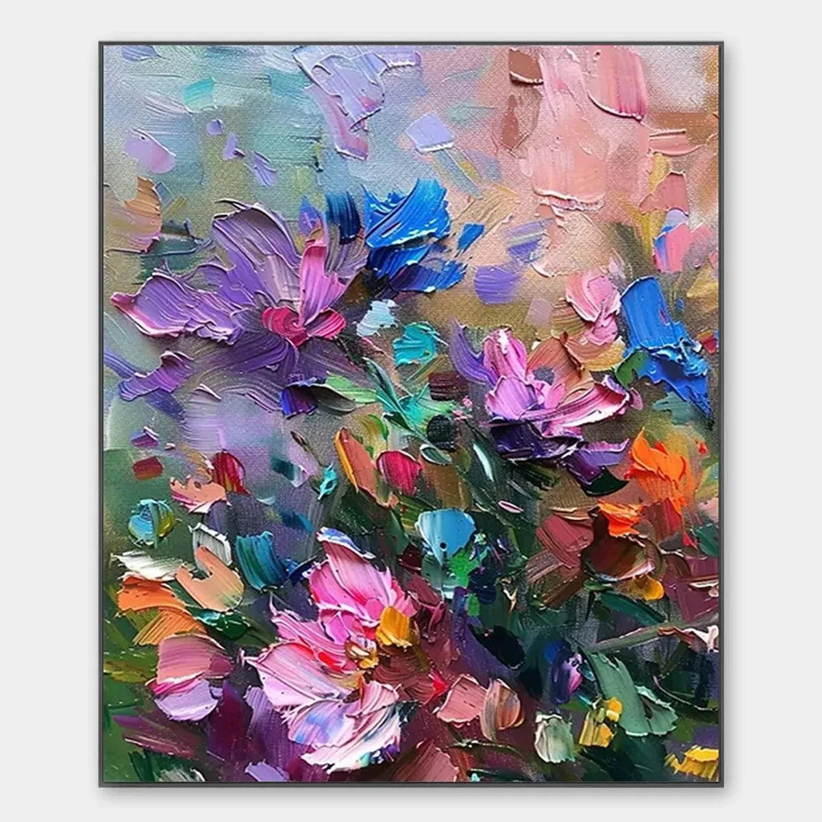 Colorful Bloom: Vertical impasto floral painting by Elodie Dubois, featuring vibrant colors and textured impasto