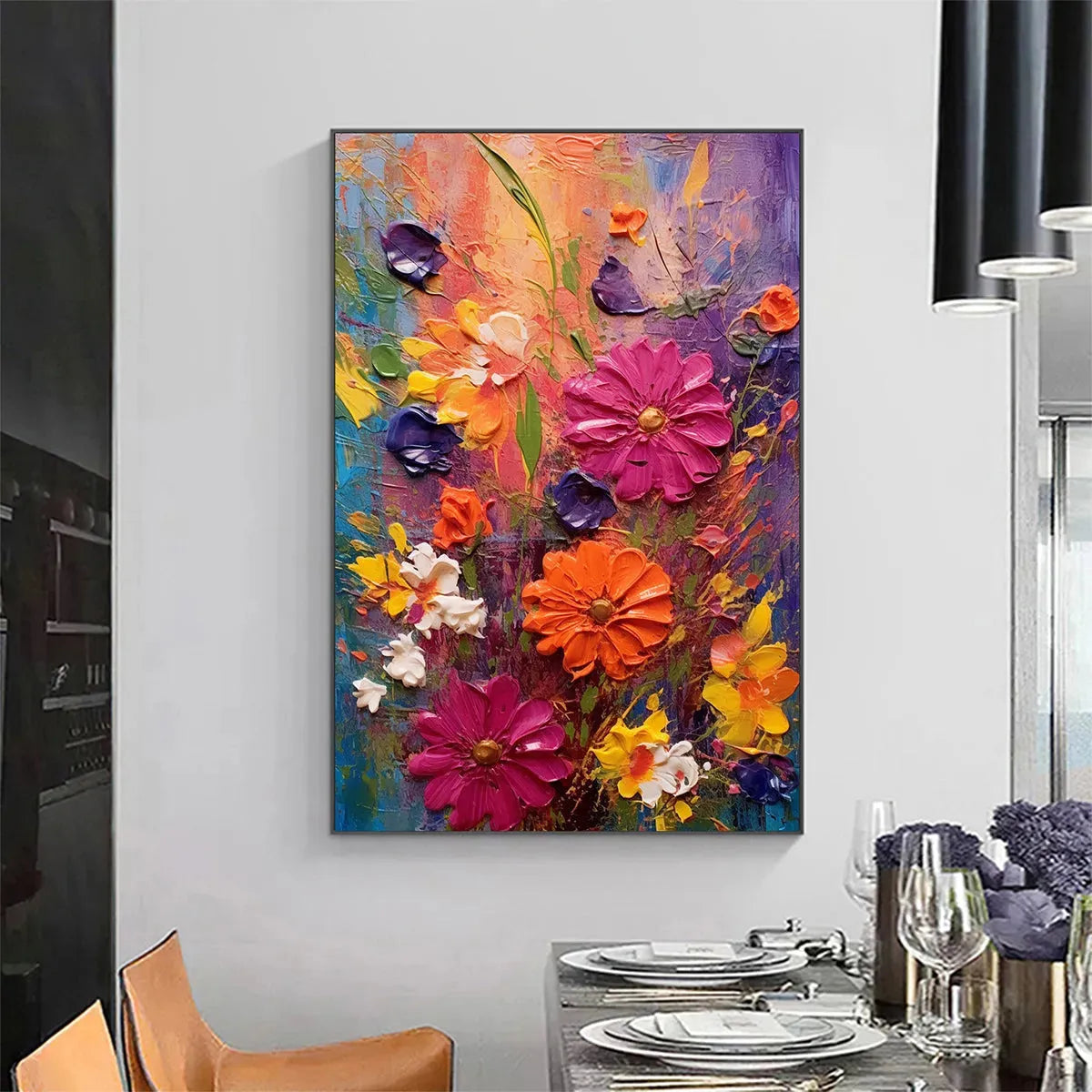 Vertical Impasto Floral Painting, Vibrant Colorful Flowers, Textured Wall Art