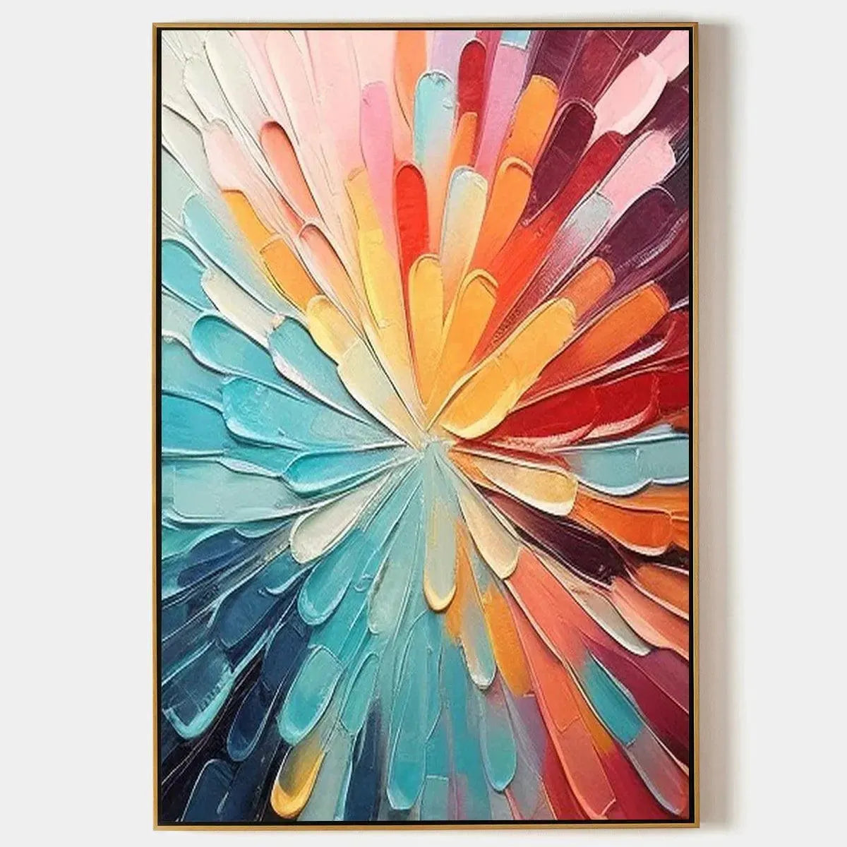 Vibrant impasto abstract painting, starburst pattern, blues, oranges, reds, yellows, pinks, gold frame.