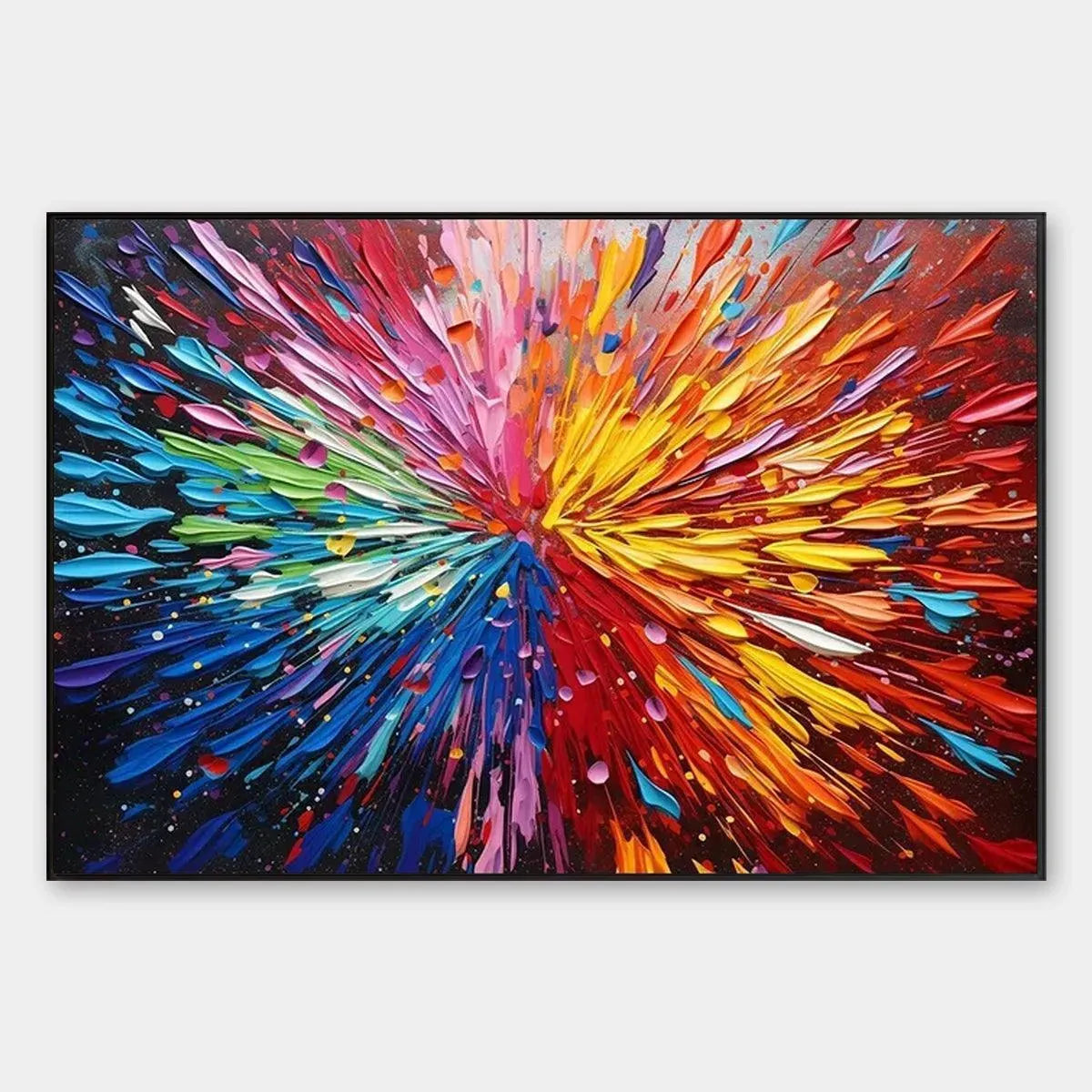 Abstract rainbow impasto painting with textured brushstrokes. Vibrant colors explode from the center. Product image.
