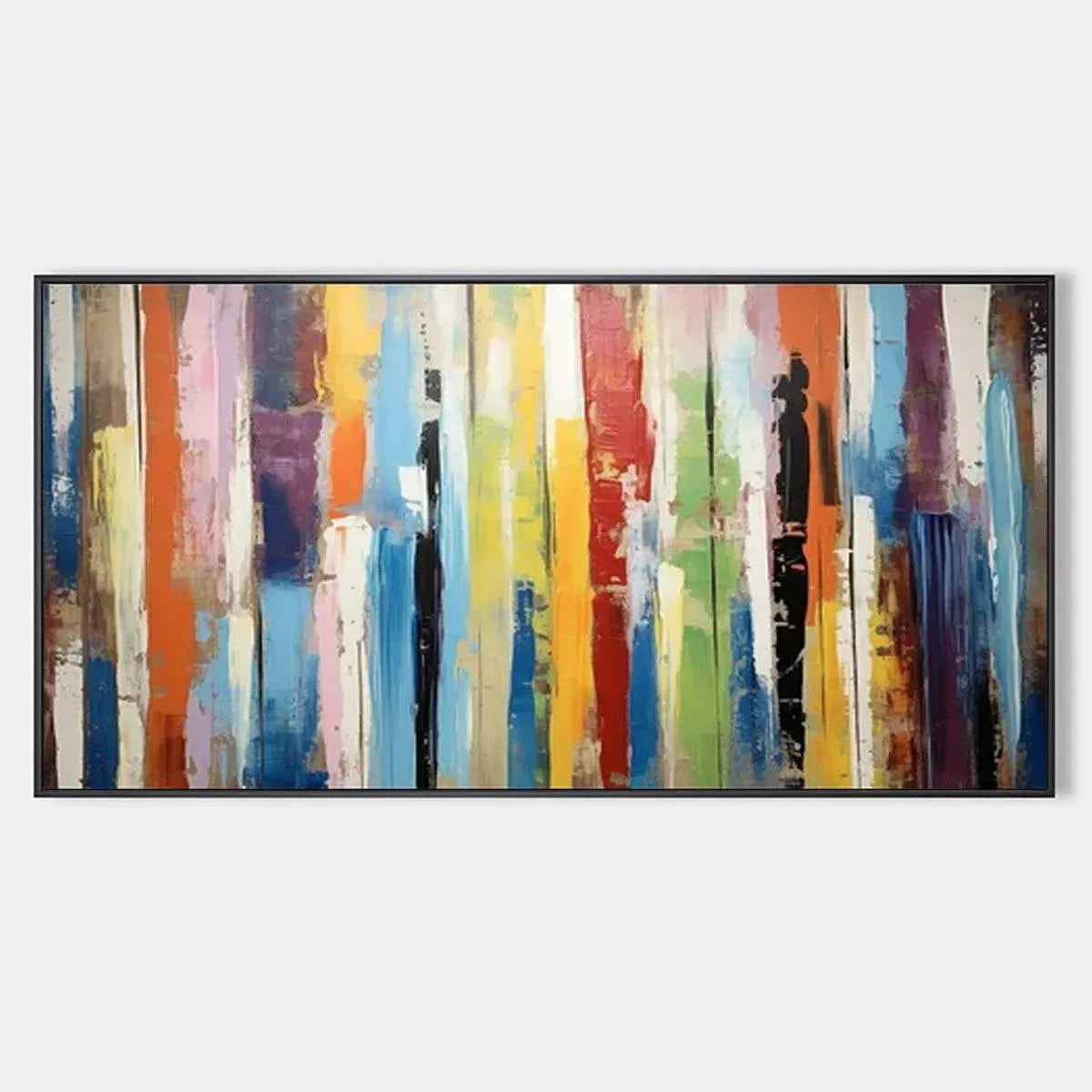 COLOR HARMONY abstract painting with colorful vertical stripes by Willow Davies, black frame