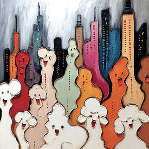 CONCRETE CARNIVAL: Textured Abstract Cityscape Painting with Whimsical Figures