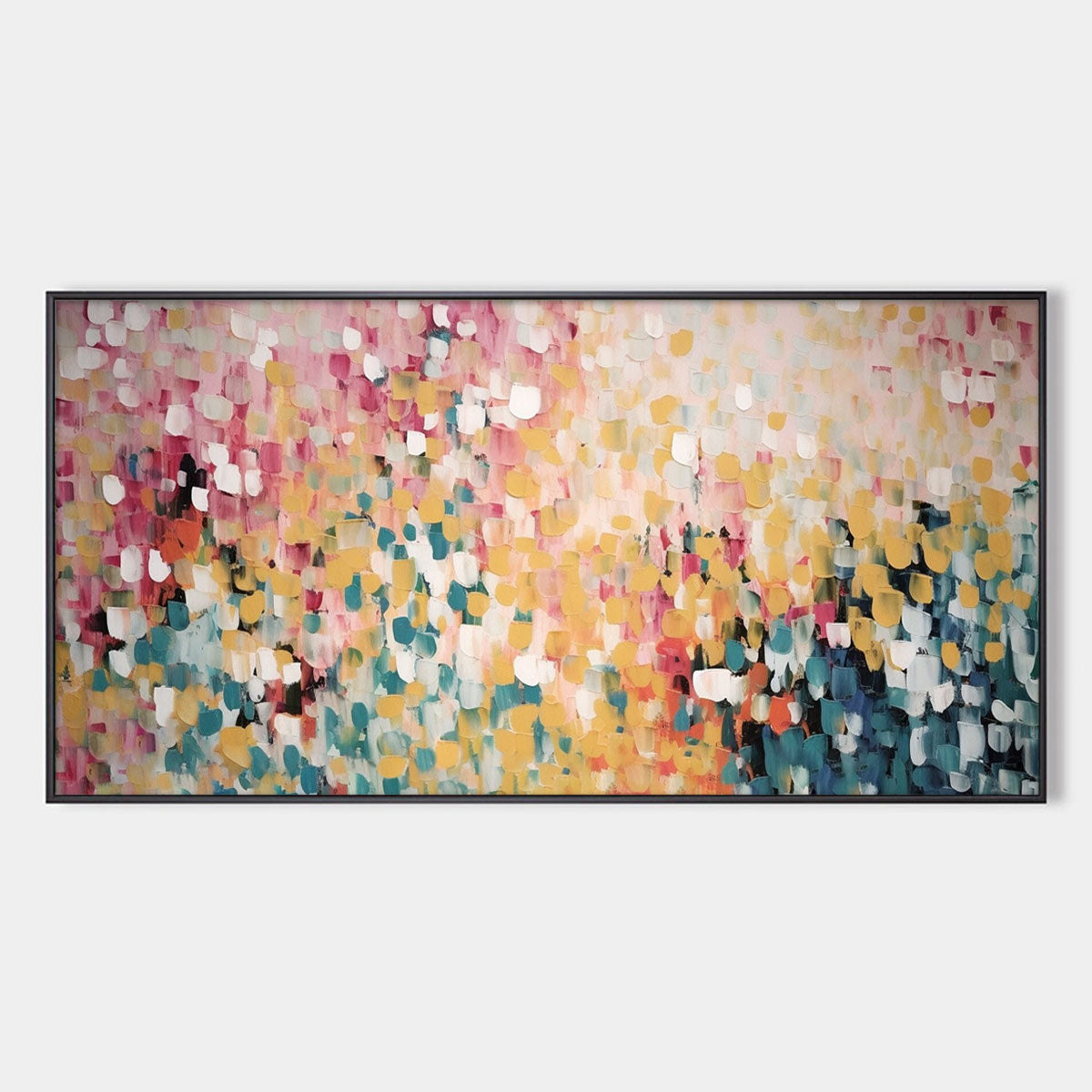 Confetti Garden: Abstract Floral Painting | Pink, Yellow, Teal | Panoramic Canvas | Modern Art