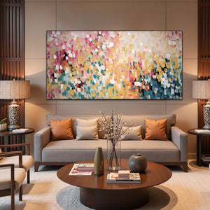 Confetti Garden: Abstract Floral Painting | Pink, Yellow, Teal | Panoramic Canvas | Modern Art