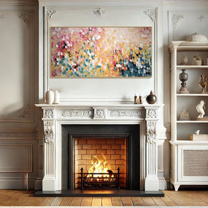 Confetti Garden: Abstract Floral Painting | Pink, Yellow, Teal | Panoramic Canvas | Modern Art