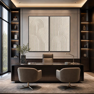 Beige textured Wabi-Sabi abstract diptych with arched relief lines in black frames