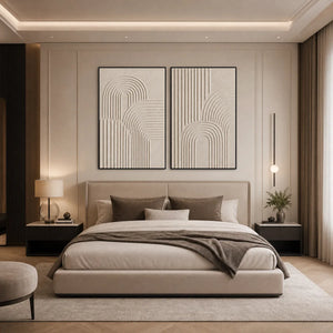 Beige textured minimalist Wabi-Sabi abstract diptych above a modern bed