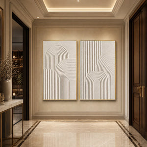 Beige textured minimalist Wabi-Sabi abstract diptych with arched relief lines