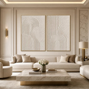 Beige textured minimalist Wabi-Sabi abstract diptych with arched relief lines in gold frames