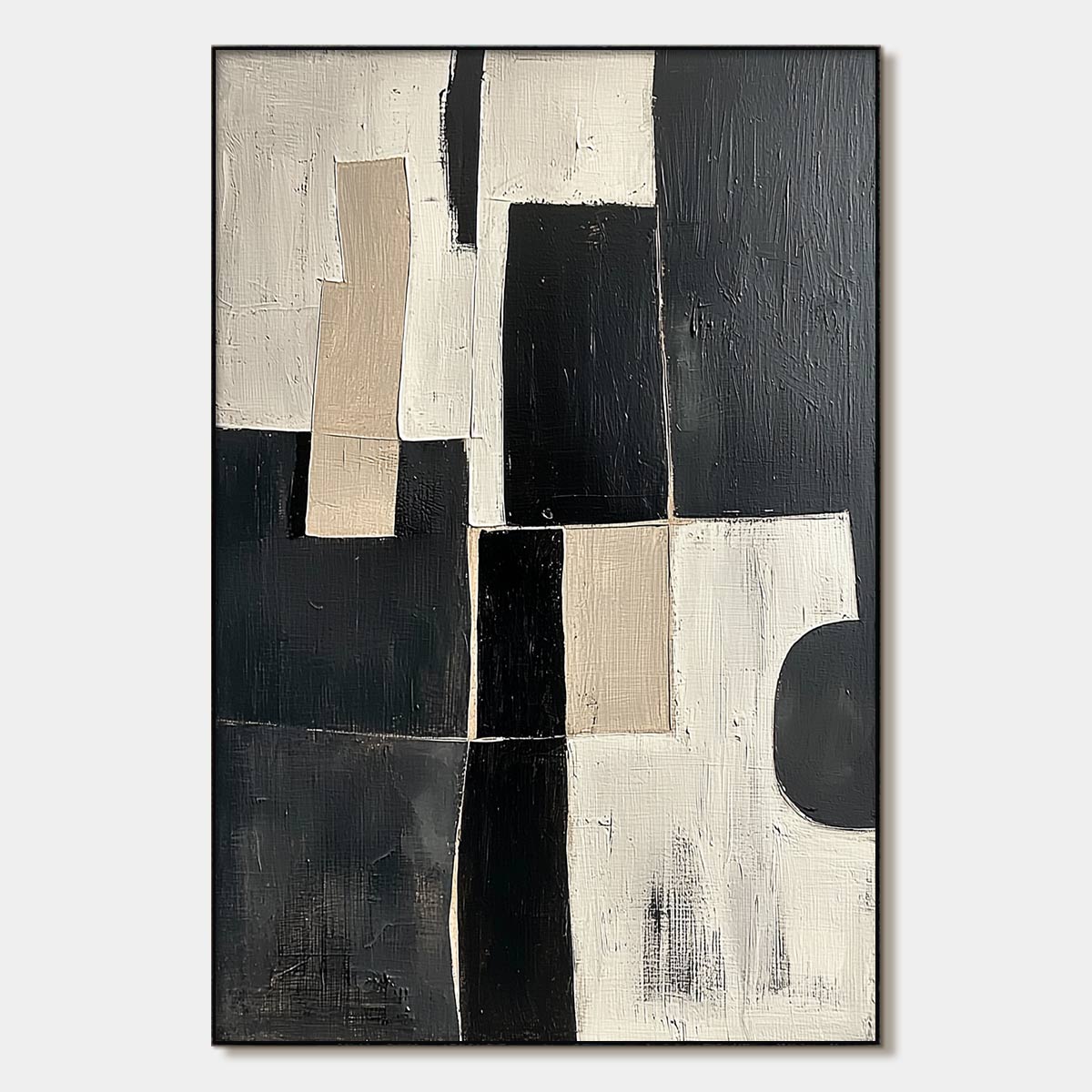 Contrast: Original Abstract Geometric Oil Painting - Black, White, Beige Wall Art Decor