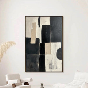 Contrast: Original Abstract Geometric Oil Painting - Black, White, Beige Wall Art Decor